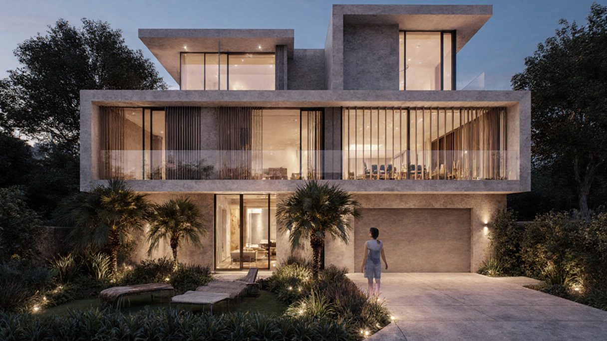 A modern two-storey house at dusk, its timber-lined upper floor glowing over a lit terrace and palms