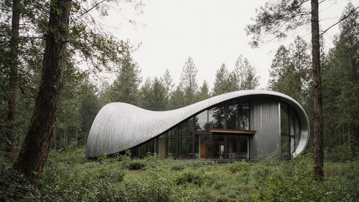 A single-storey house with a sweeping curved metal roof and full-height glazing, set among tall conifers