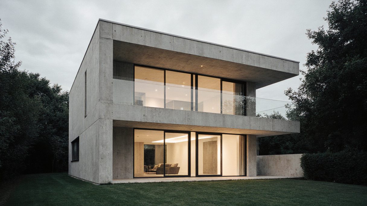 A concrete and glass house at dusk, its full-height sliding doors folded back onto a lawn