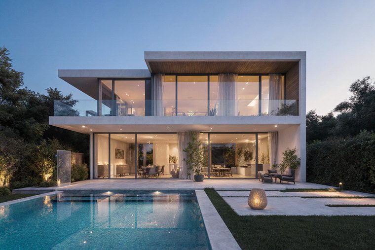 A large modern house at dusk with a timber-lined upper storey, full-height glazing and a lit pool in the foreground