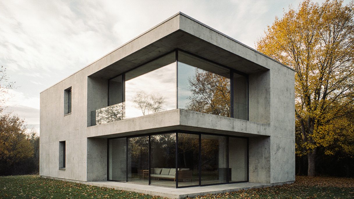 A concrete and glass house on a lawn, framed by a single broad tree in autumn colour