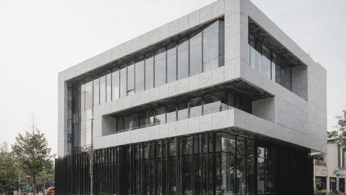 A stone-faced office block with deep glazed floors and a cantilevered top storey