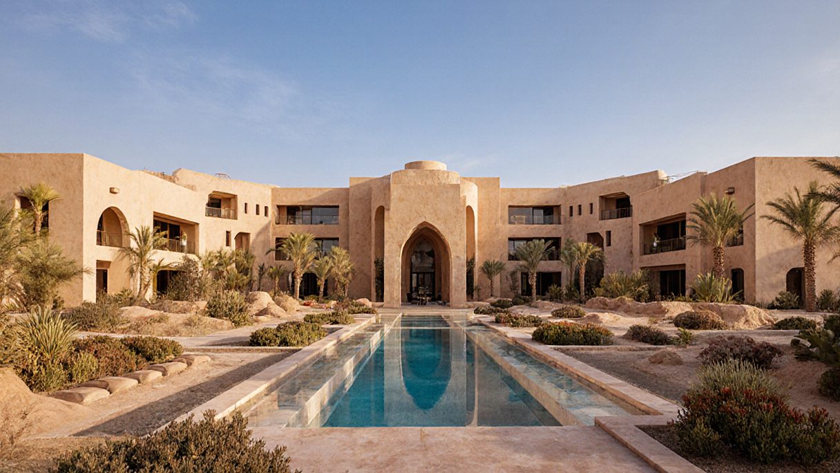 A large desert resort with rendered masonry wings, arched openings, date palms and a long reflecting pool at golden hour