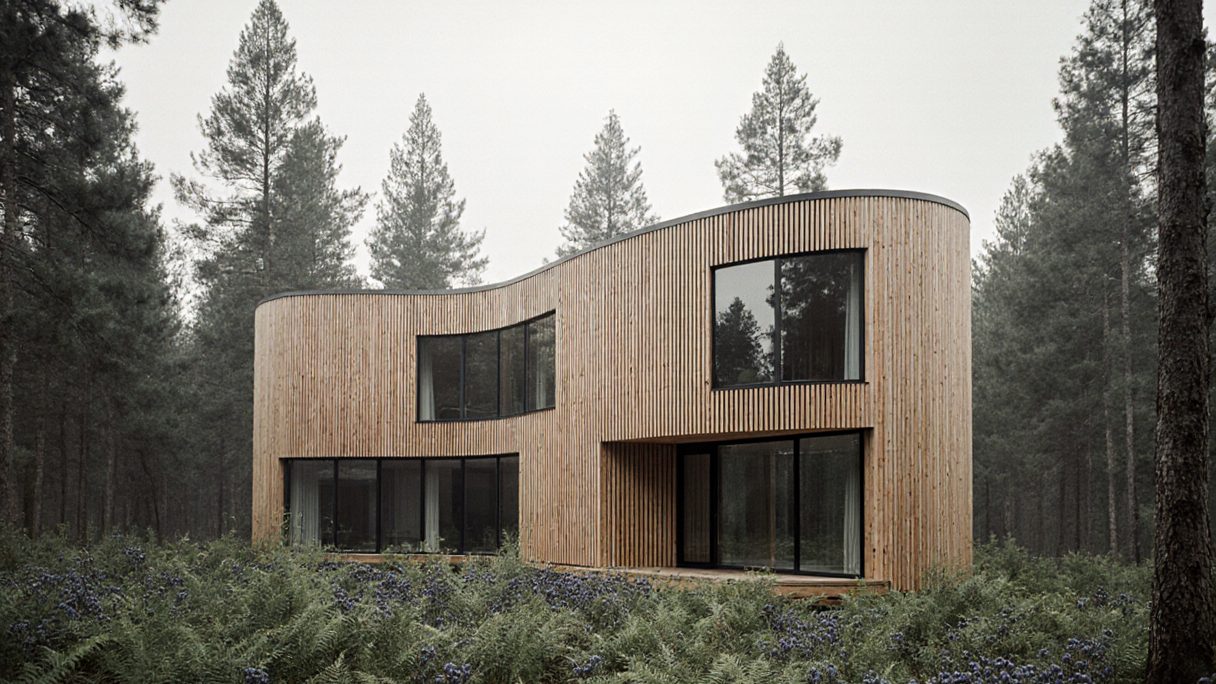 A curved timber-clad house with a continuous ribbon window, standing clear of the trees behind it