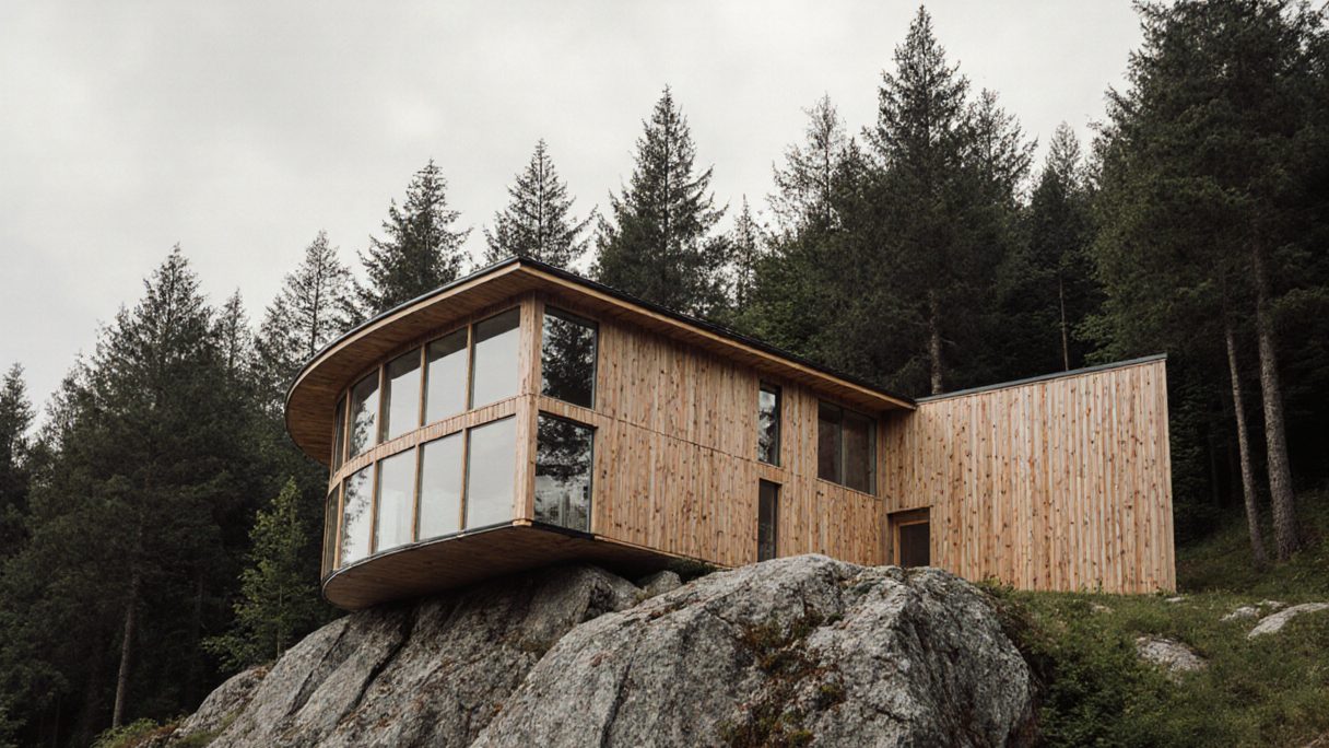 A modern timber house perched on a granite outcrop above a forested slope