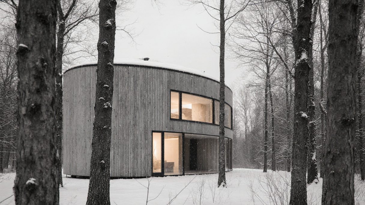 A curved timber house among bare trunks in deep snow, under flat winter light