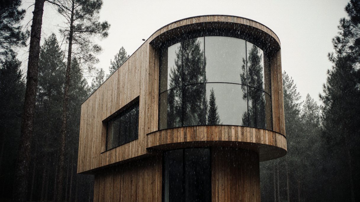 A tall curved timber house wrapped in full-height glass, standing among conifers