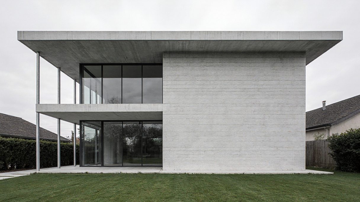 A white flat-roofed house with a deep cantilevered canopy over an open ground floor, seen across a lawn